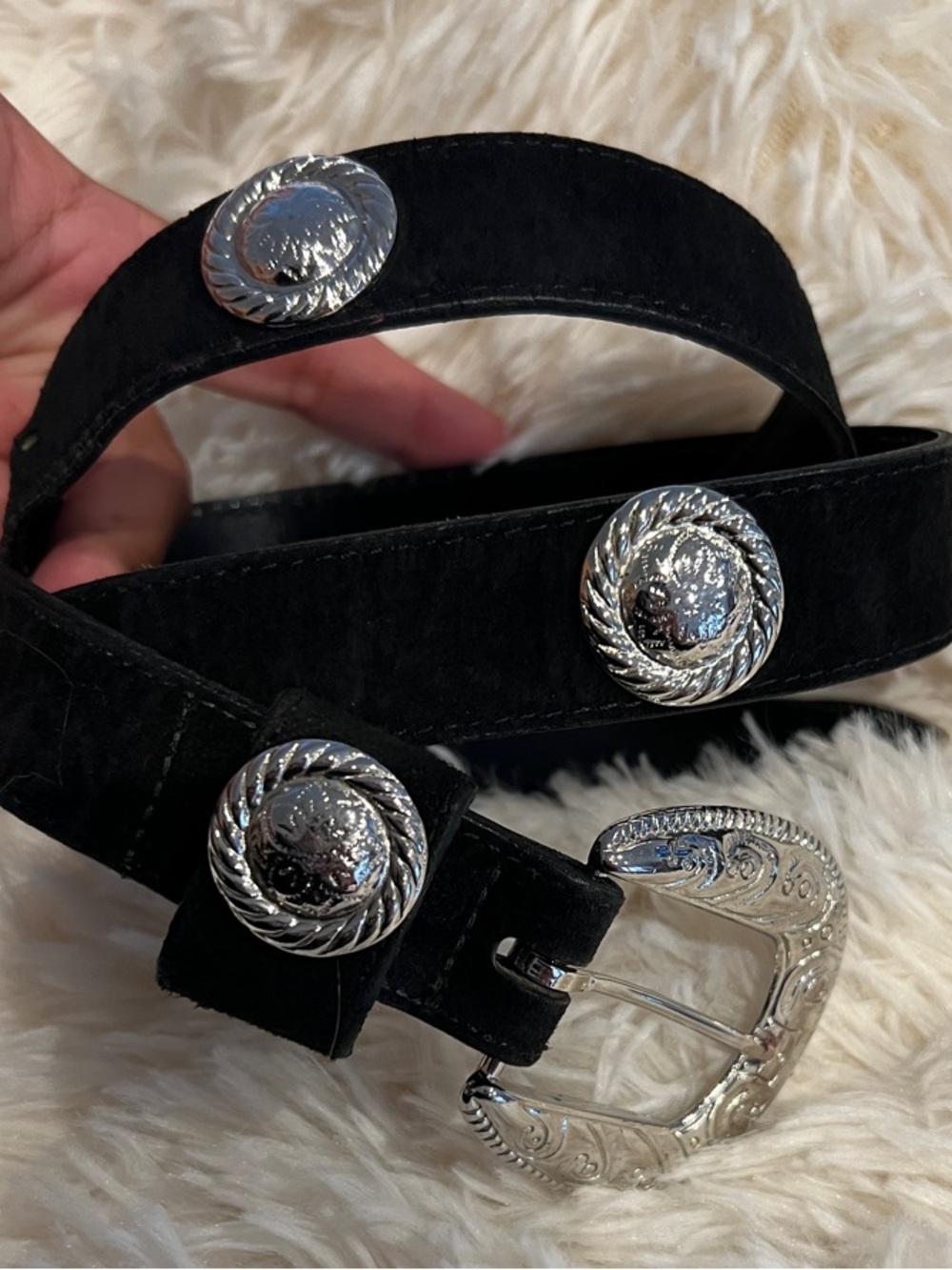 Black Suede Western Belt with Decorative Silver Conchos